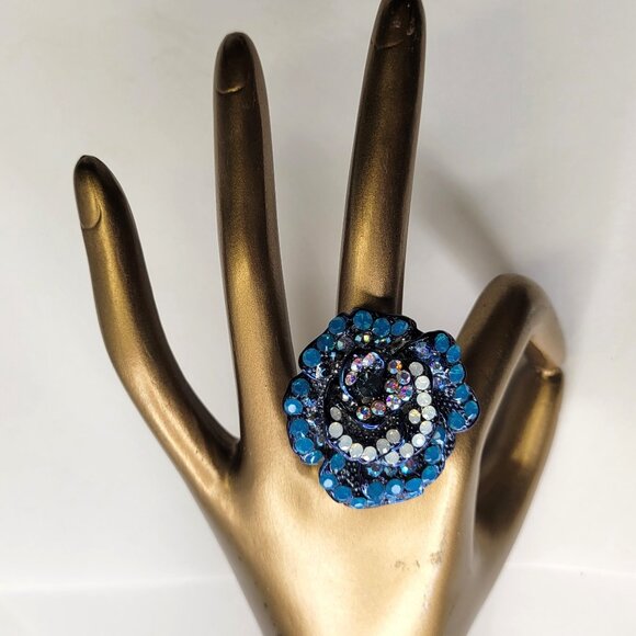 Statement Blue Rhinestone floral Ring with Adjustable Band - Picture 5 of 8